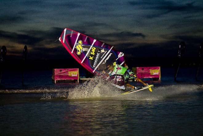 Andy Chambers on the slide - PWA Surf World Cup Podersdorf 2012 ©  John Carter / PWA http://www.pwaworldtour.com